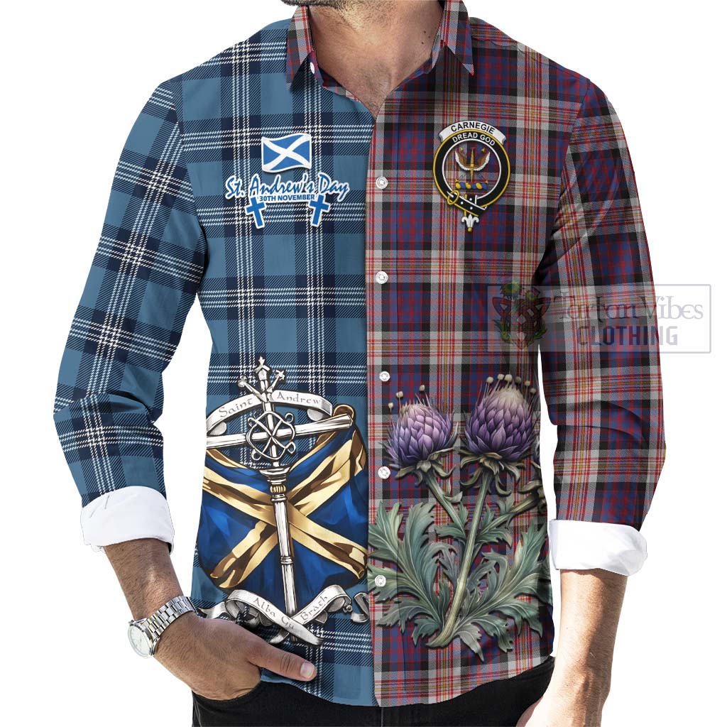 Tartan Vibes Clothing Carnegie Tartan Long Sleeve Button Shirt Happy St. Andrew's Day Half Tartan Style