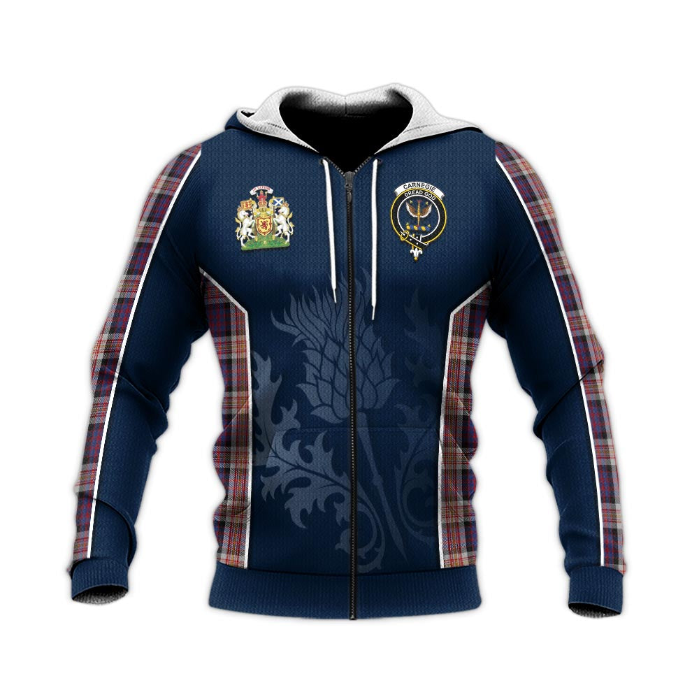 Tartan Vibes Clothing Carnegie Tartan Knitted Hoodie with Family Crest and Scottish Thistle Vibes Sport Style