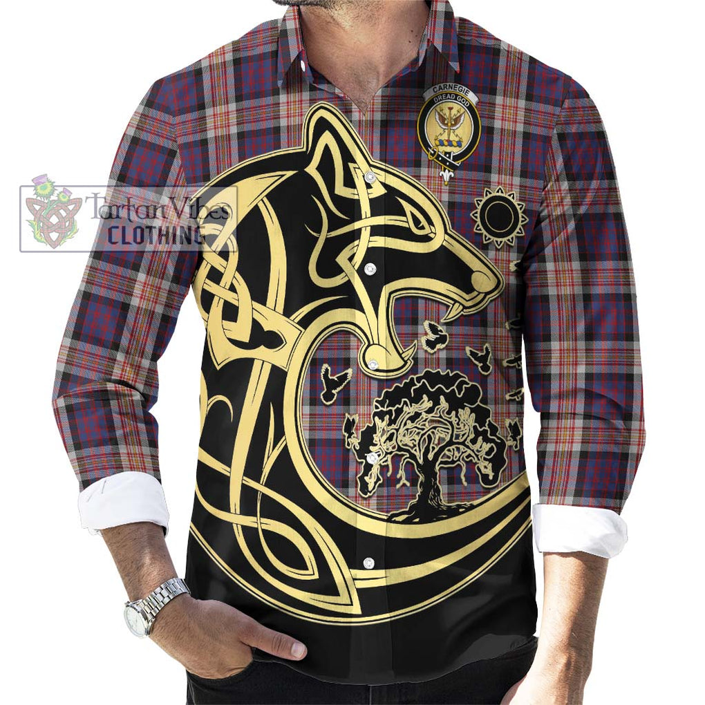 Carnegie Tartan Long Sleeve Button Shirt with Family Crest Celtic Wolf Style - Tartan Vibes Clothing