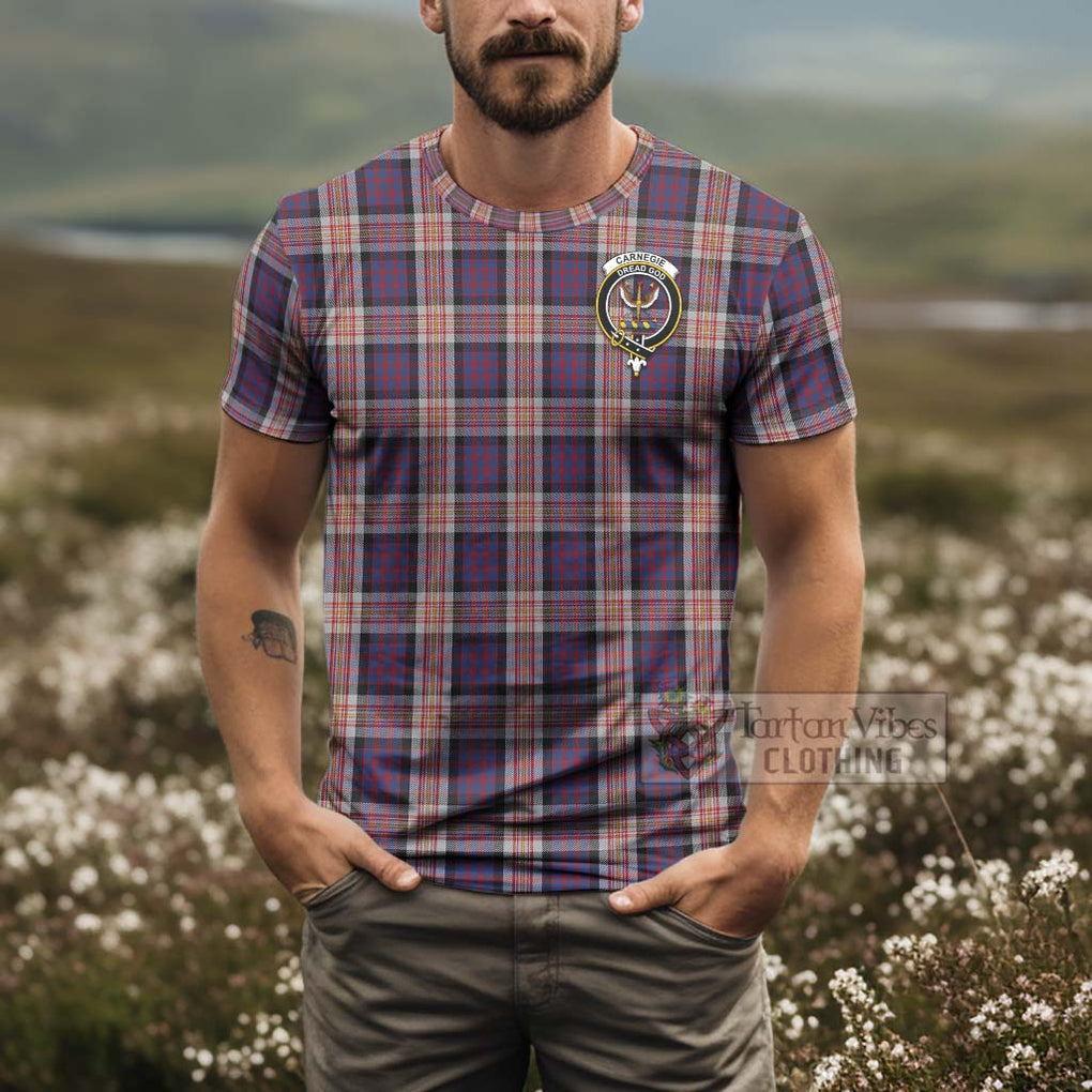 Tartan Vibes Clothing Carnegie Tartan T-Shirt with Family Crest and Bearded Skull Holding Bottles of Whiskey