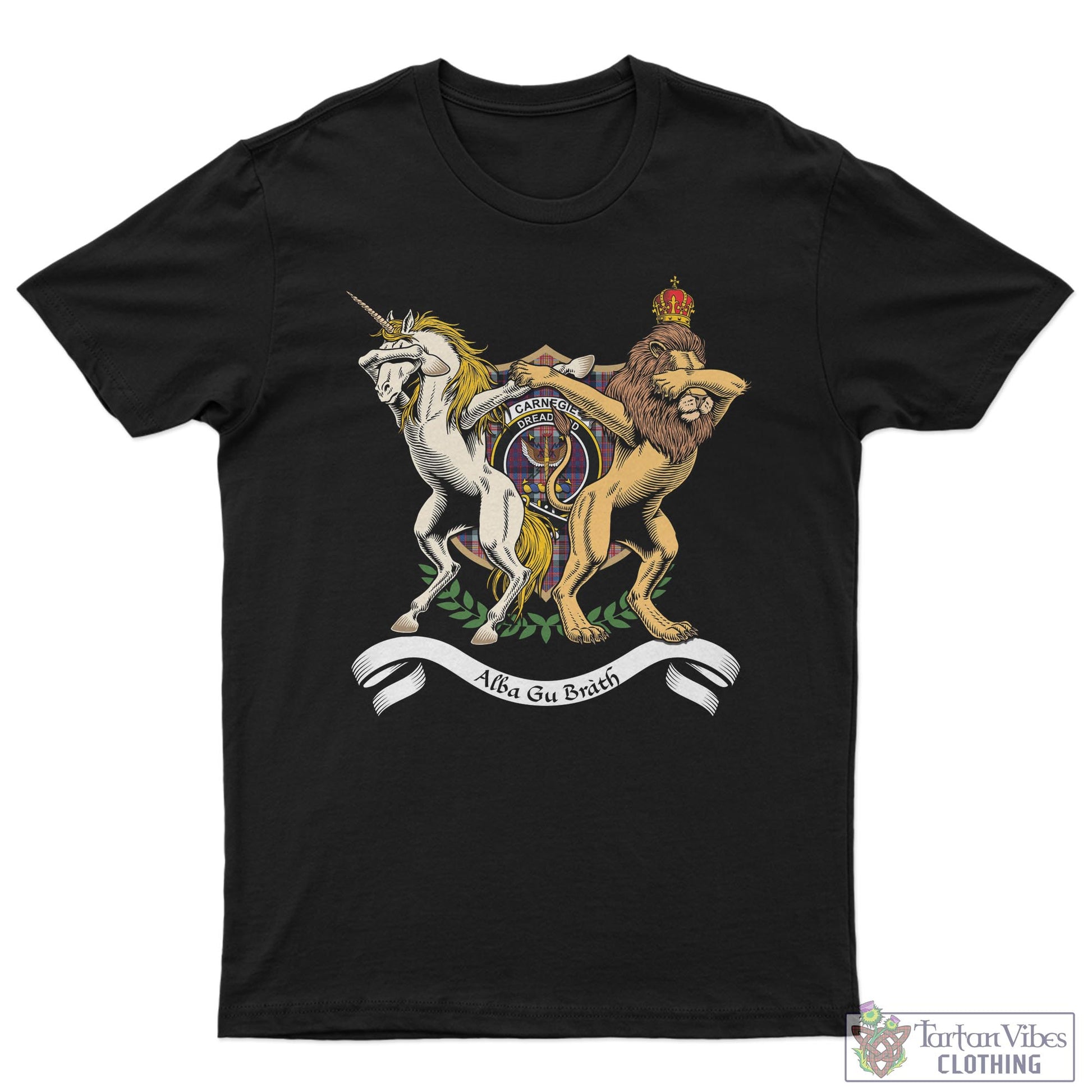 Tartan Vibes Clothing Carnegie Family Crest Cotton Men's T-Shirt with Scotland Royal Coat Of Arm Funny Style