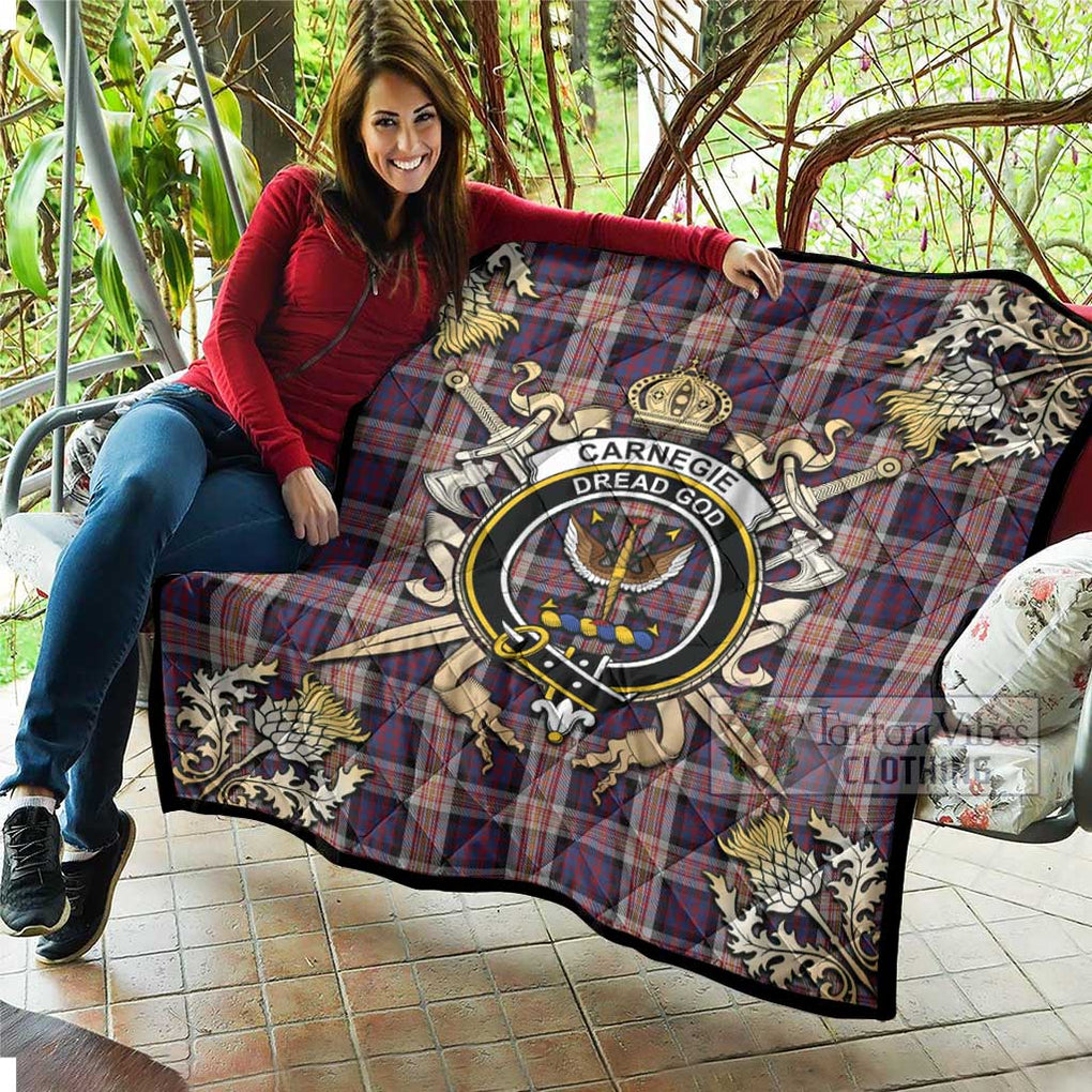 Tartan Vibes Clothing Carnegie Tartan Quilt with Family Crest and Scottish Golden Courage Shield