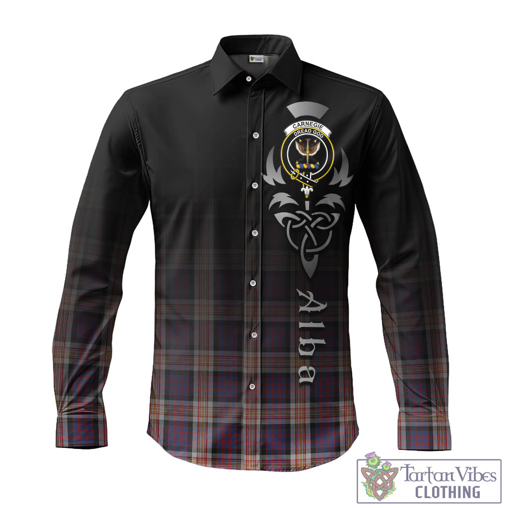 Tartan Vibes Clothing Carnegie Tartan Long Sleeve Button Up Featuring Alba Gu Brath Family Crest Celtic Inspired