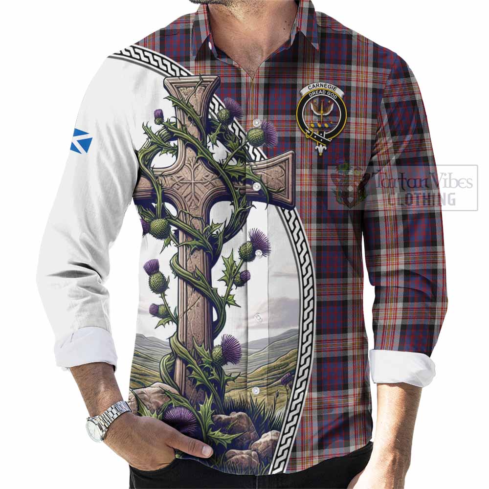 Tartan Vibes Clothing Carnegie Tartan Long Sleeve Button Shirt with Family Crest and St. Andrew's Cross Accented by Thistle Vines