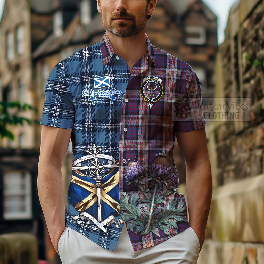 Tartan Vibes Clothing Carnegie Tartan Short Sleeve Button Shirt Happy St. Andrew's Day Half Tartan Style