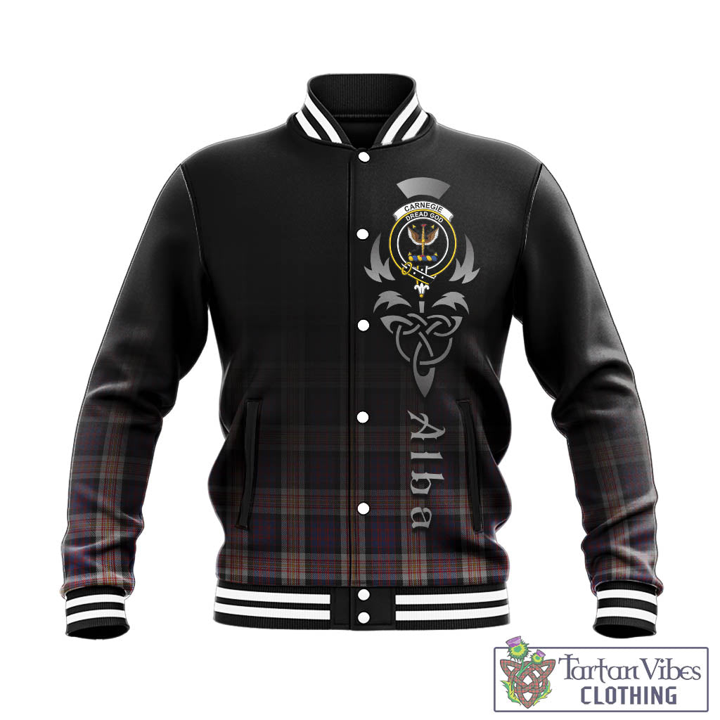 Tartan Vibes Clothing Carnegie Tartan Baseball Jacket Featuring Alba Gu Brath Family Crest Celtic Inspired