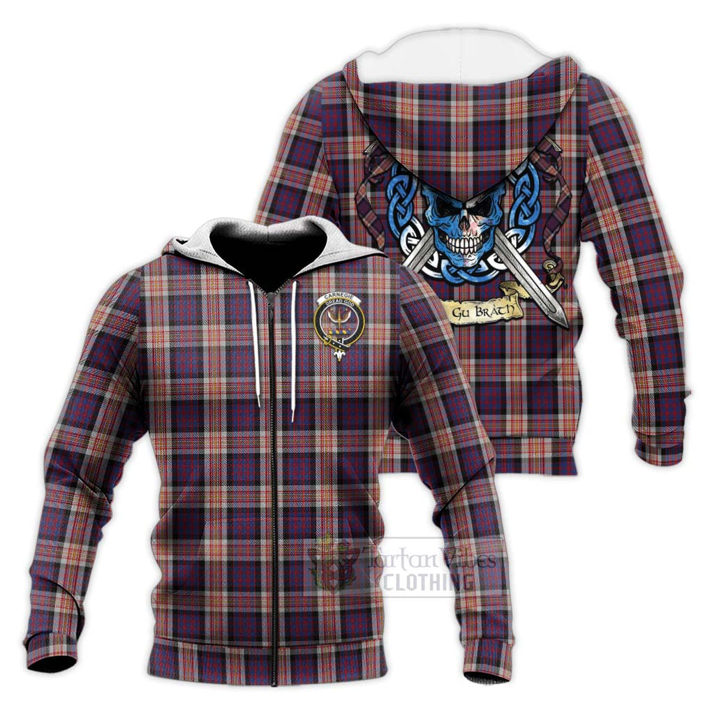 Tartan Vibes Clothing Carnegie Tartan Knitted Hoodie with Family Crest Celtic Skull Style