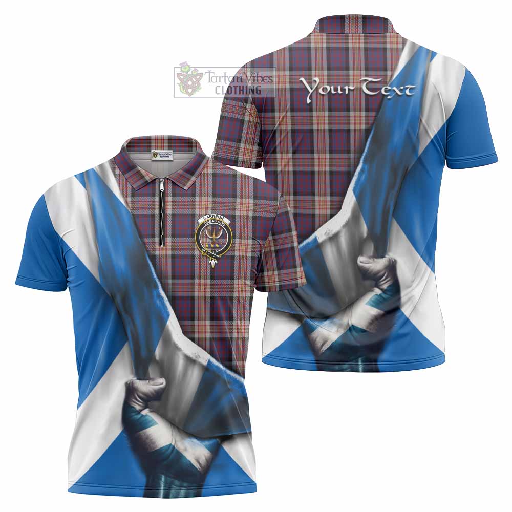 Tartan Vibes Clothing Carnegie Tartan Zipper Polo Shirt with Family Crest Scotland Patriotic Style