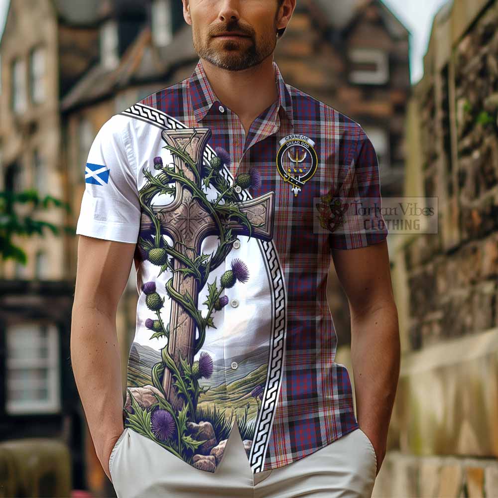 Tartan Vibes Clothing Carnegie Tartan Short Sleeve Button Shirt with Family Crest and St. Andrew's Cross Accented by Thistle Vines