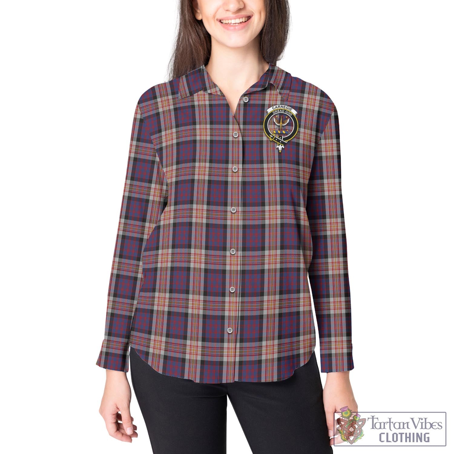 Tartan Vibes Clothing Carnegie Tartan Womens Casual Shirt with Family Crest