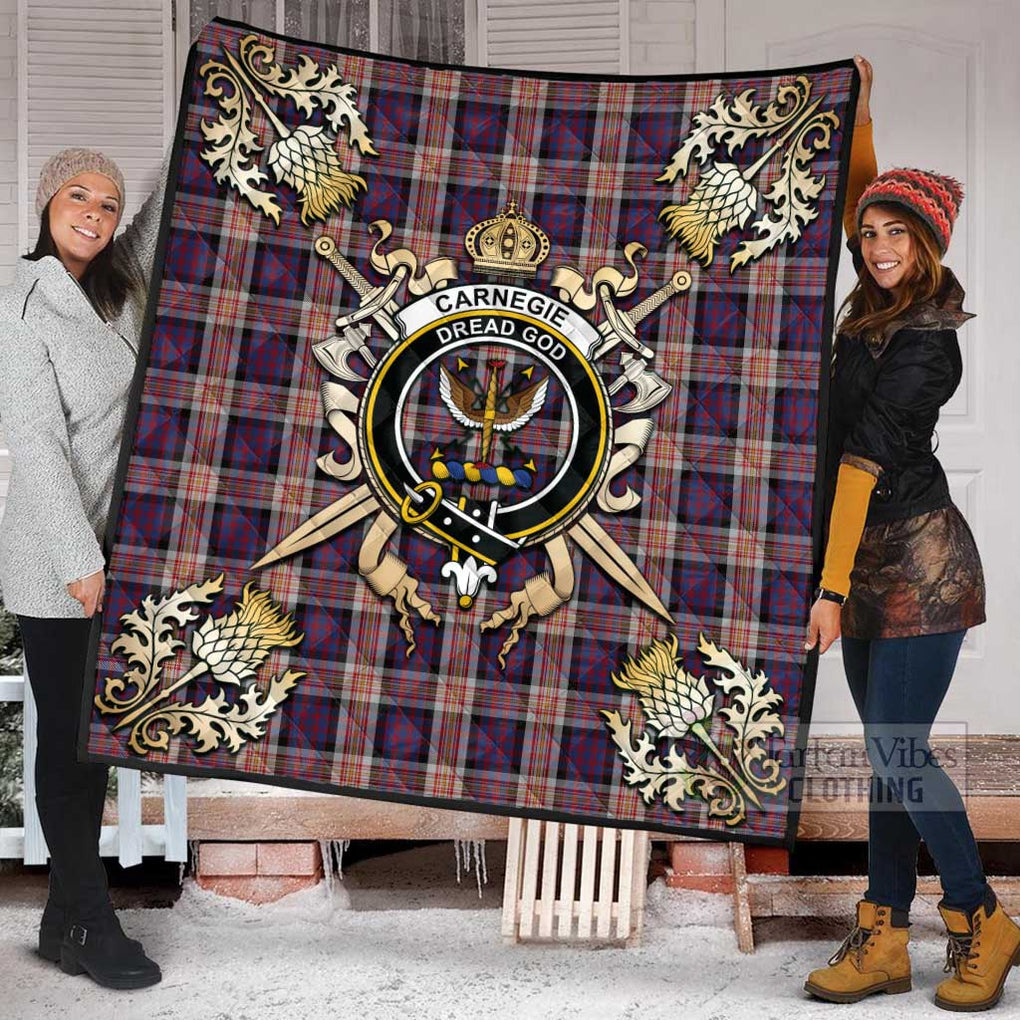 Tartan Vibes Clothing Carnegie Tartan Quilt with Family Crest and Scottish Golden Courage Shield