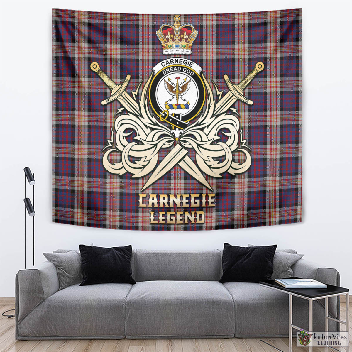Tartan Vibes Clothing Carnegie Tartan Tapestry with Clan Crest and the Golden Sword of Courageous Legacy