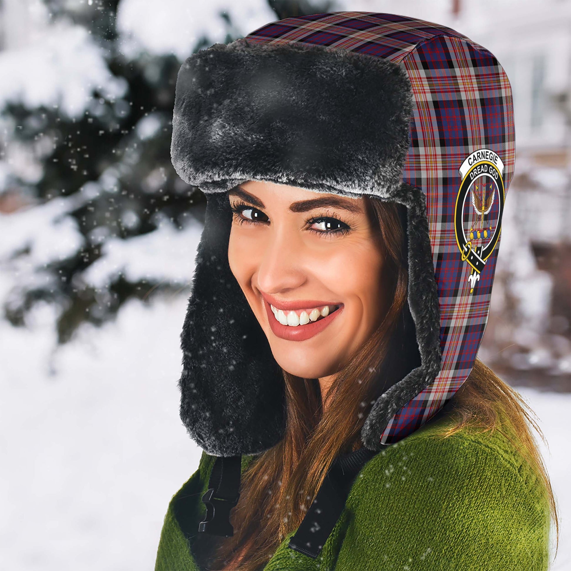 Carnegie Tartan Winter Trapper Hat with Family Crest - Tartanvibesclothing