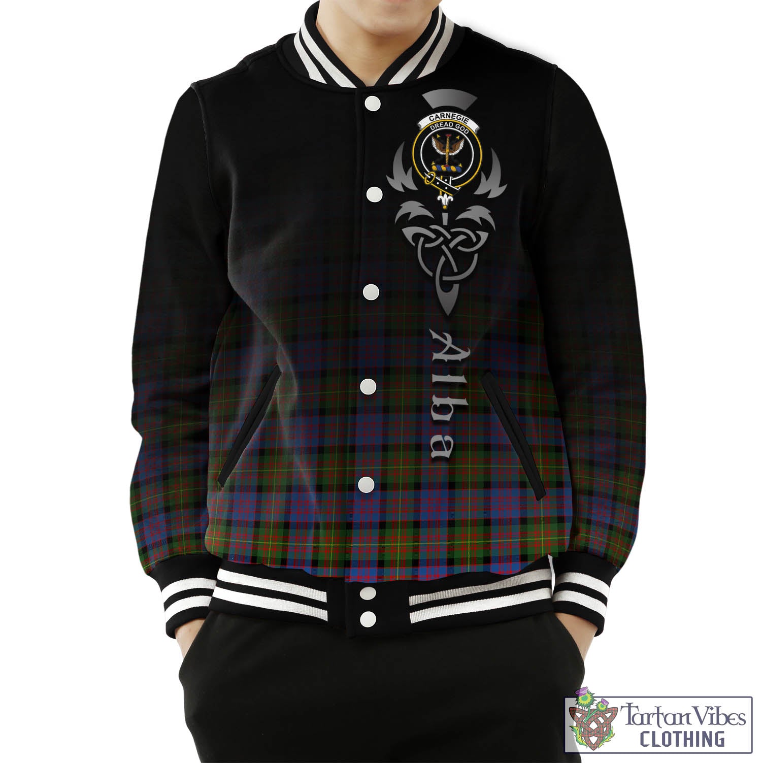 Tartan Vibes Clothing Carnegie Ancient Tartan Baseball Jacket Featuring Alba Gu Brath Family Crest Celtic Inspired