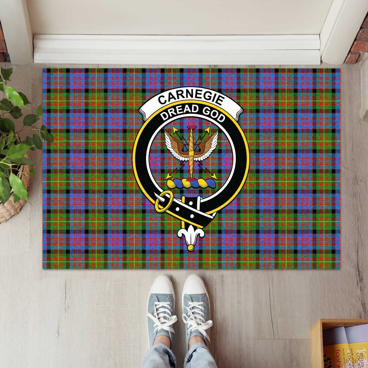 Carnegie Ancient Tartan Door Mat with Family Crest - Tartanvibesclothing