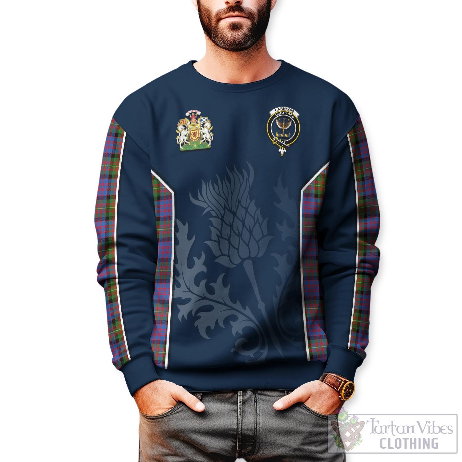 Tartan Vibes Clothing Carnegie Ancient Tartan Sweatshirt with Family Crest and Scottish Thistle Vibes Sport Style