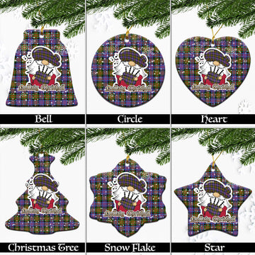 Carnegie Ancient Tartan Christmas Ceramic Ornaments with Scottish Gnome Playing Bagpipes