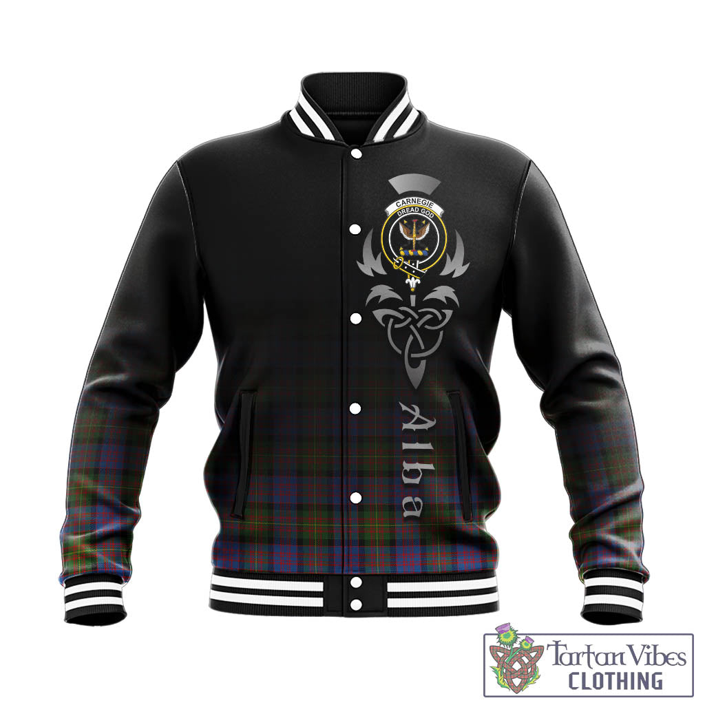 Tartan Vibes Clothing Carnegie Ancient Tartan Baseball Jacket Featuring Alba Gu Brath Family Crest Celtic Inspired