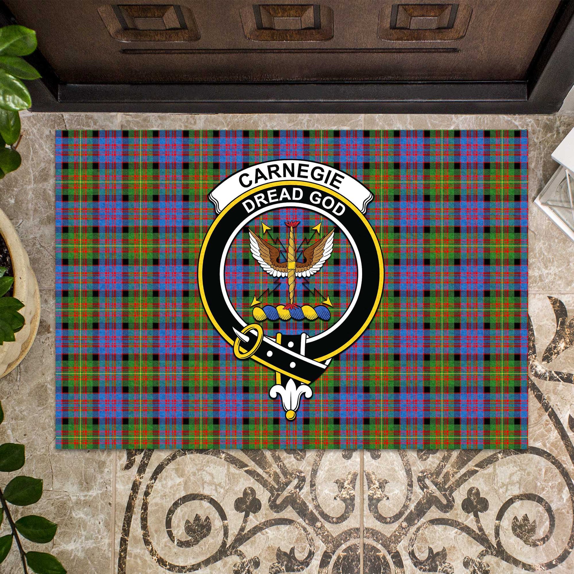 Carnegie Ancient Tartan Door Mat with Family Crest - Tartanvibesclothing