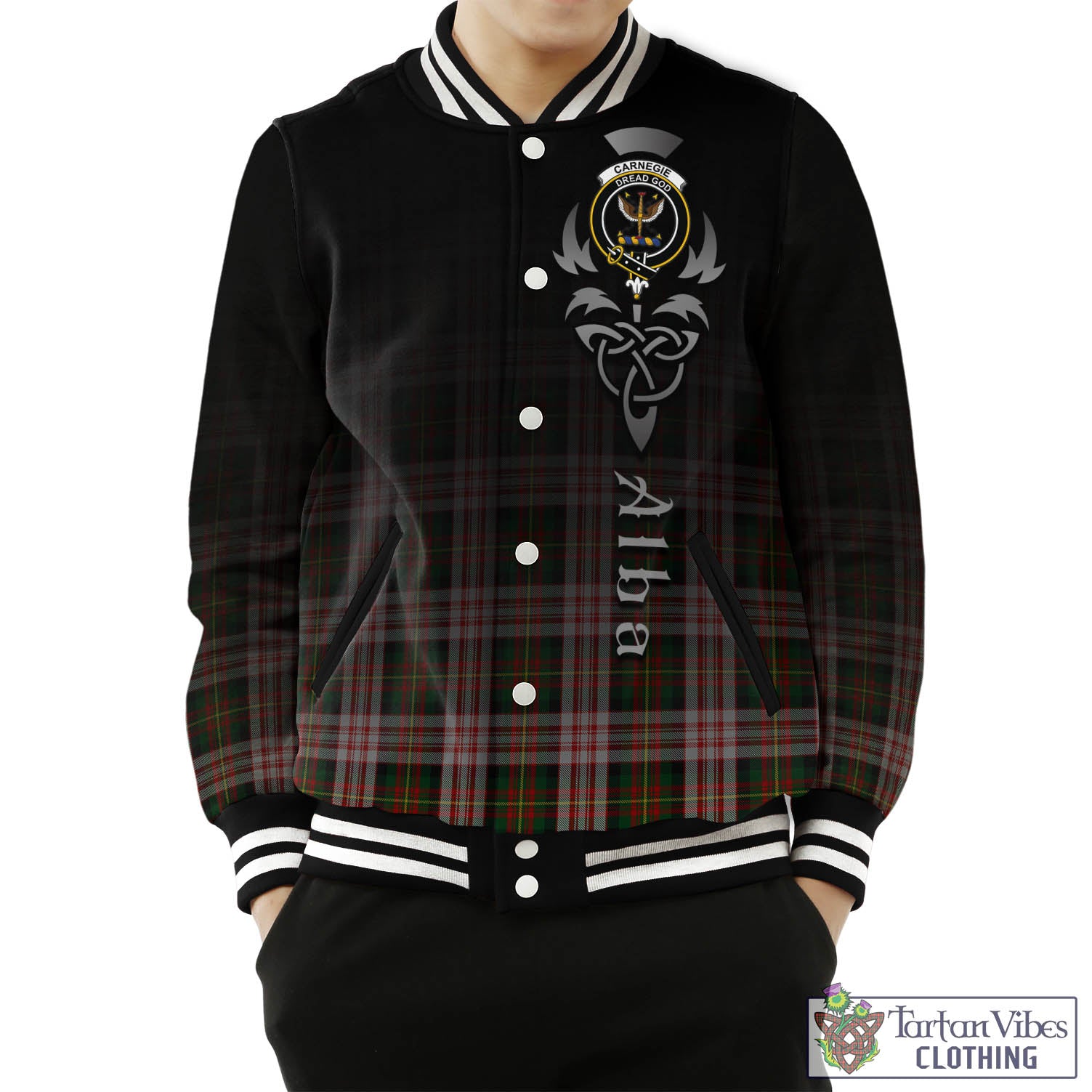 Tartan Vibes Clothing Carnegie Dress Tartan Baseball Jacket Featuring Alba Gu Brath Family Crest Celtic Inspired