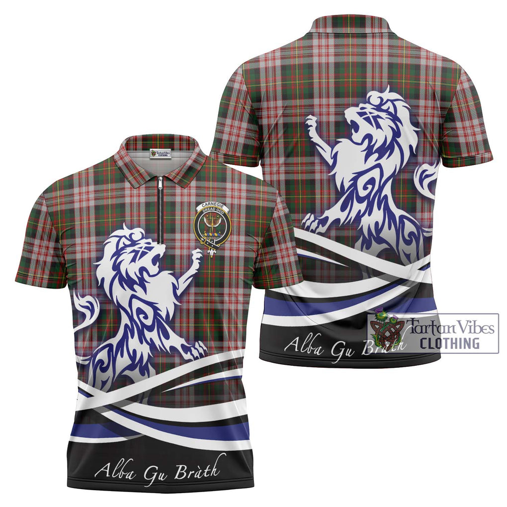 Carnegie Dress Tartan Zipper Polo Shirt with Alba Gu Brath Regal Lion Emblem Unisex - Tartanvibesclothing Shop