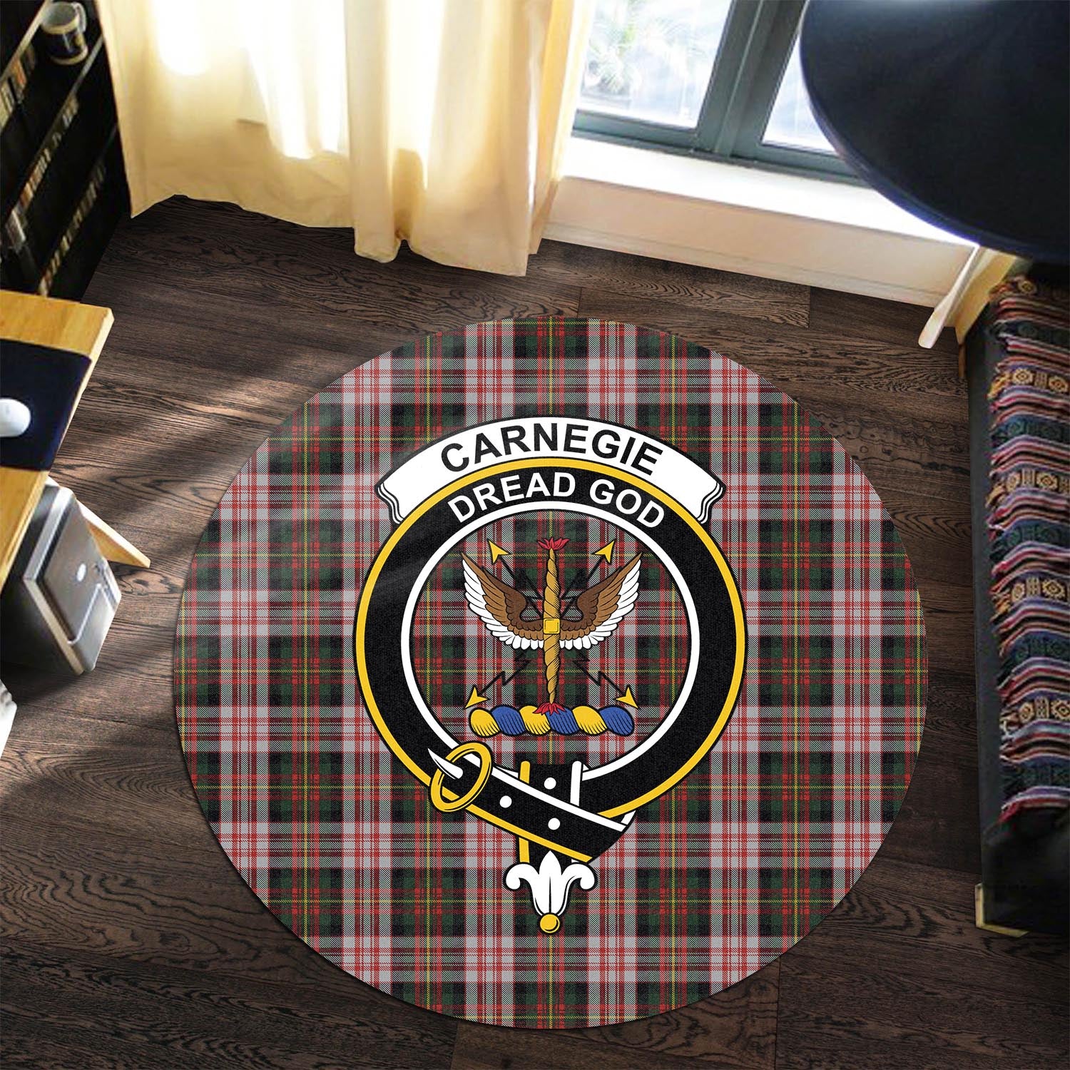 Carnegie Dress Tartan Round Rug with Family Crest - Tartanvibesclothing