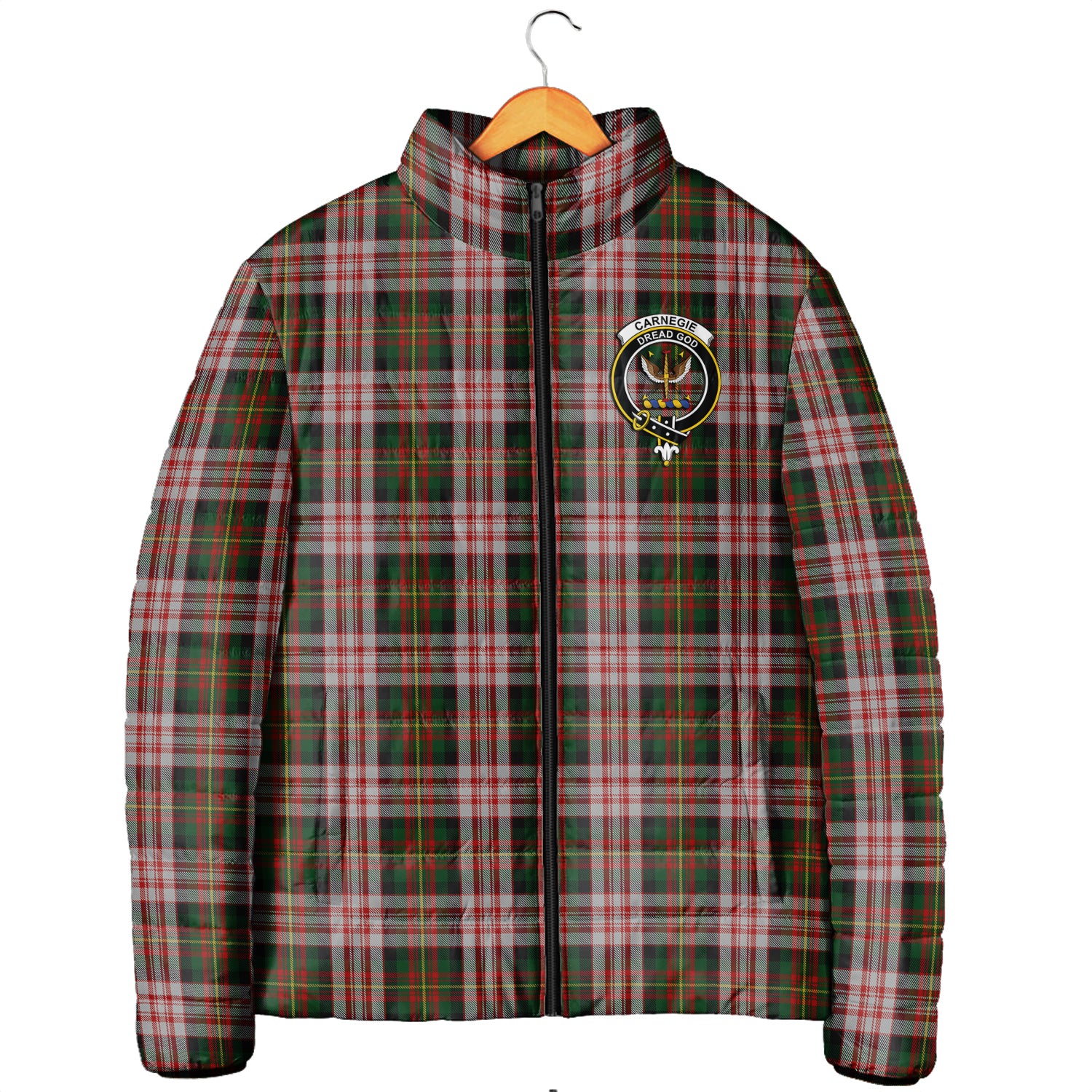 Carnegie Dress Tartan Padded Jacket with Family Crest Men's Padded Jacket - Tartan Vibes Clothing