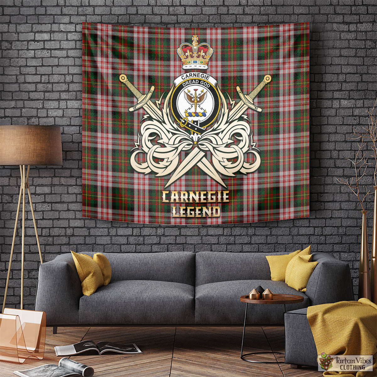 Tartan Vibes Clothing Carnegie Dress Tartan Tapestry with Clan Crest and the Golden Sword of Courageous Legacy