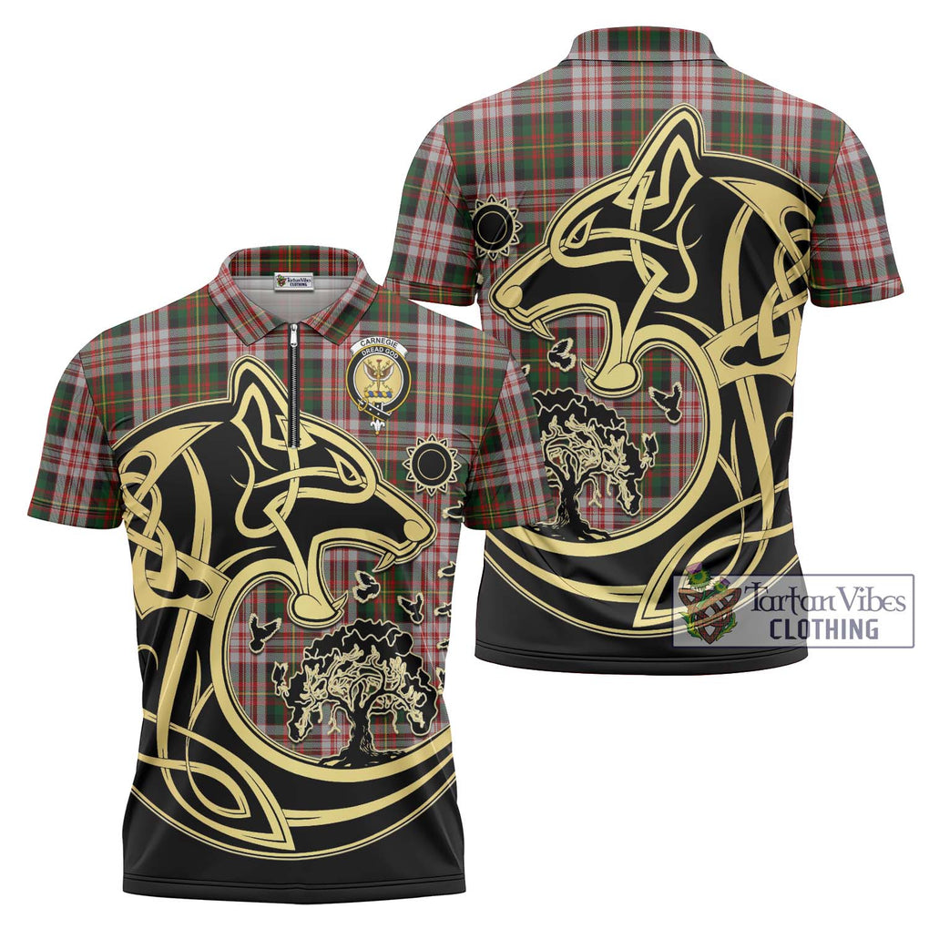 Carnegie Dress Tartan Zipper Polo Shirt with Family Crest Celtic Wolf Style Unisex - Tartanvibesclothing Shop