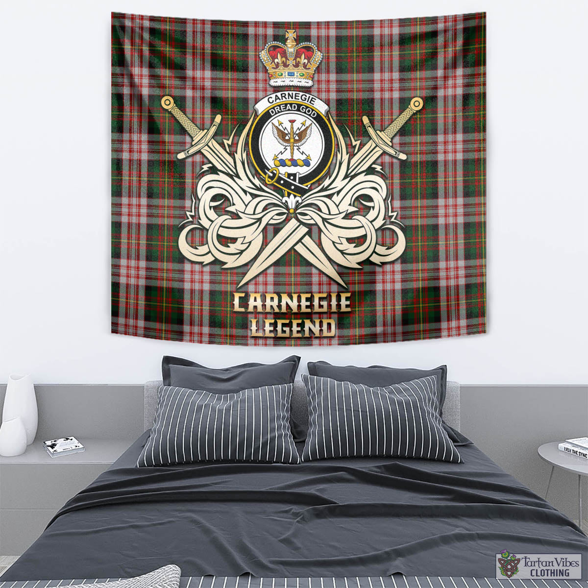 Tartan Vibes Clothing Carnegie Dress Tartan Tapestry with Clan Crest and the Golden Sword of Courageous Legacy