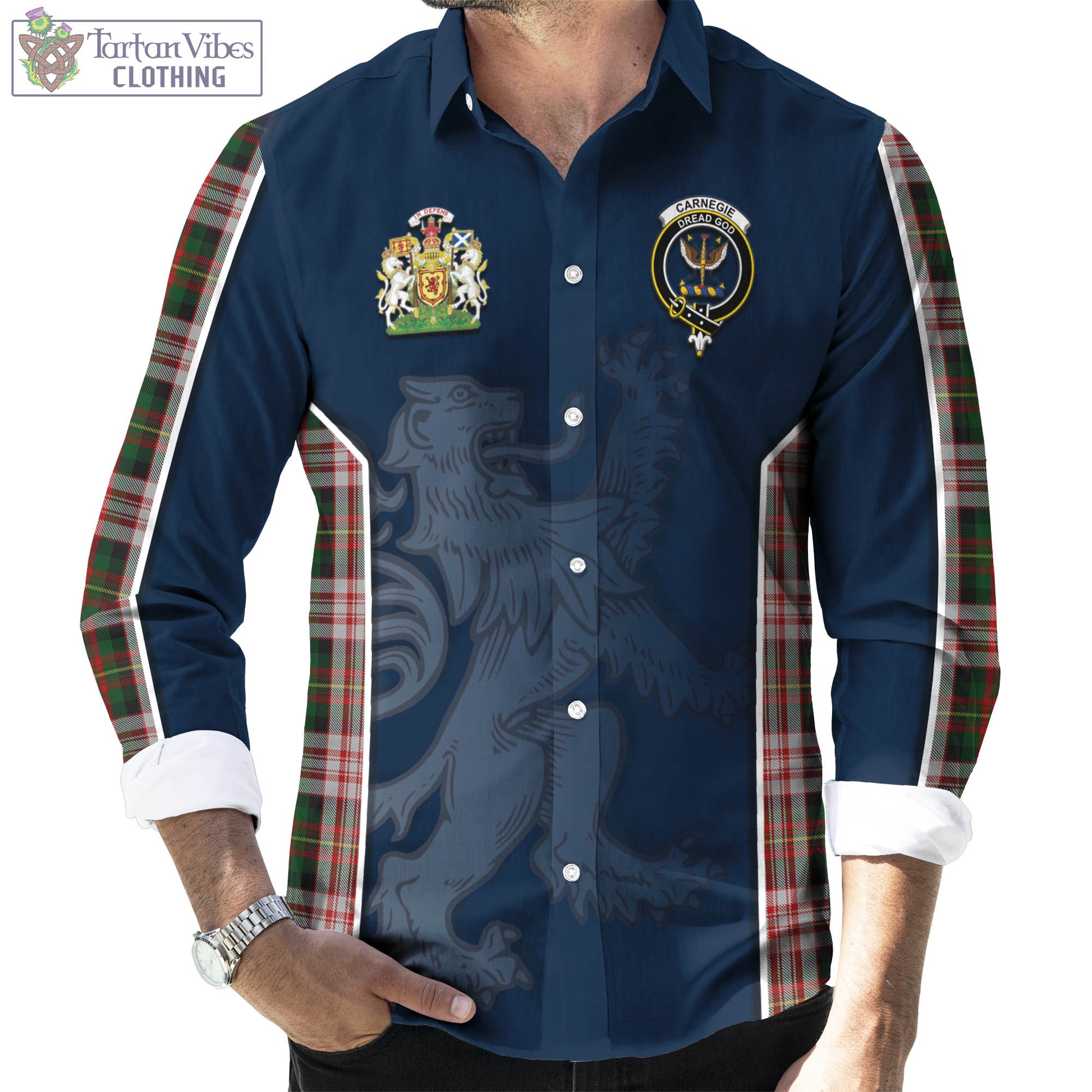 Tartan Vibes Clothing Carnegie Dress Tartan Long Sleeve Button Up Shirt with Family Crest and Lion Rampant Vibes Sport Style