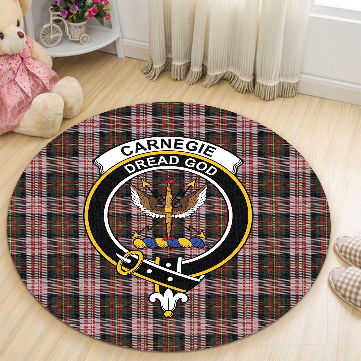 Carnegie Dress Tartan Round Rug with Family Crest - Tartanvibesclothing