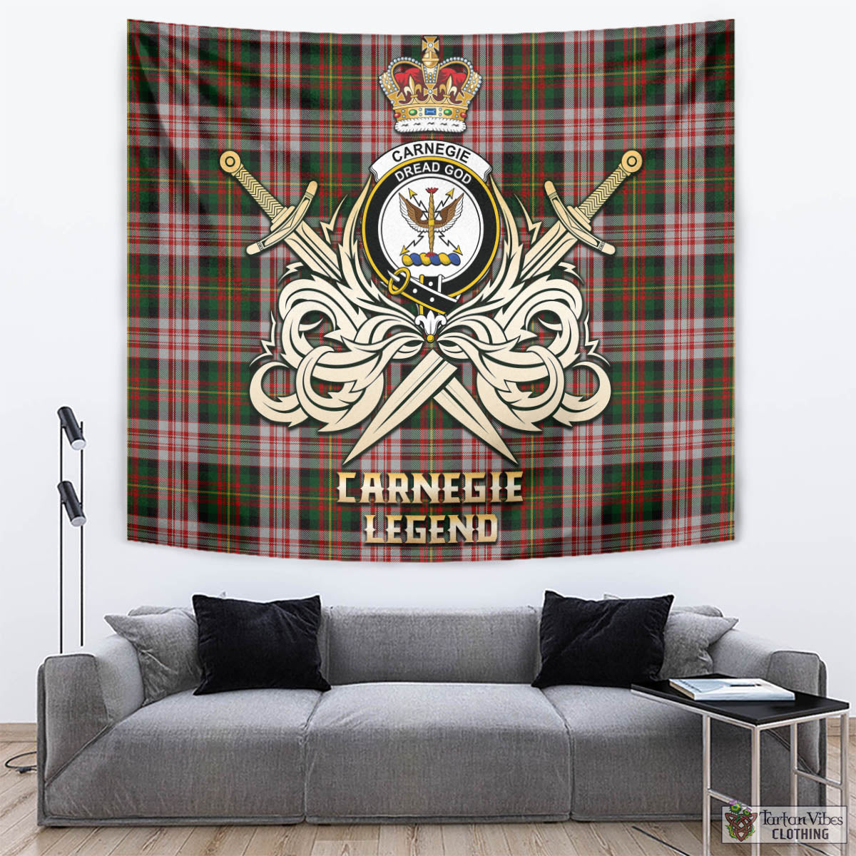 Tartan Vibes Clothing Carnegie Dress Tartan Tapestry with Clan Crest and the Golden Sword of Courageous Legacy