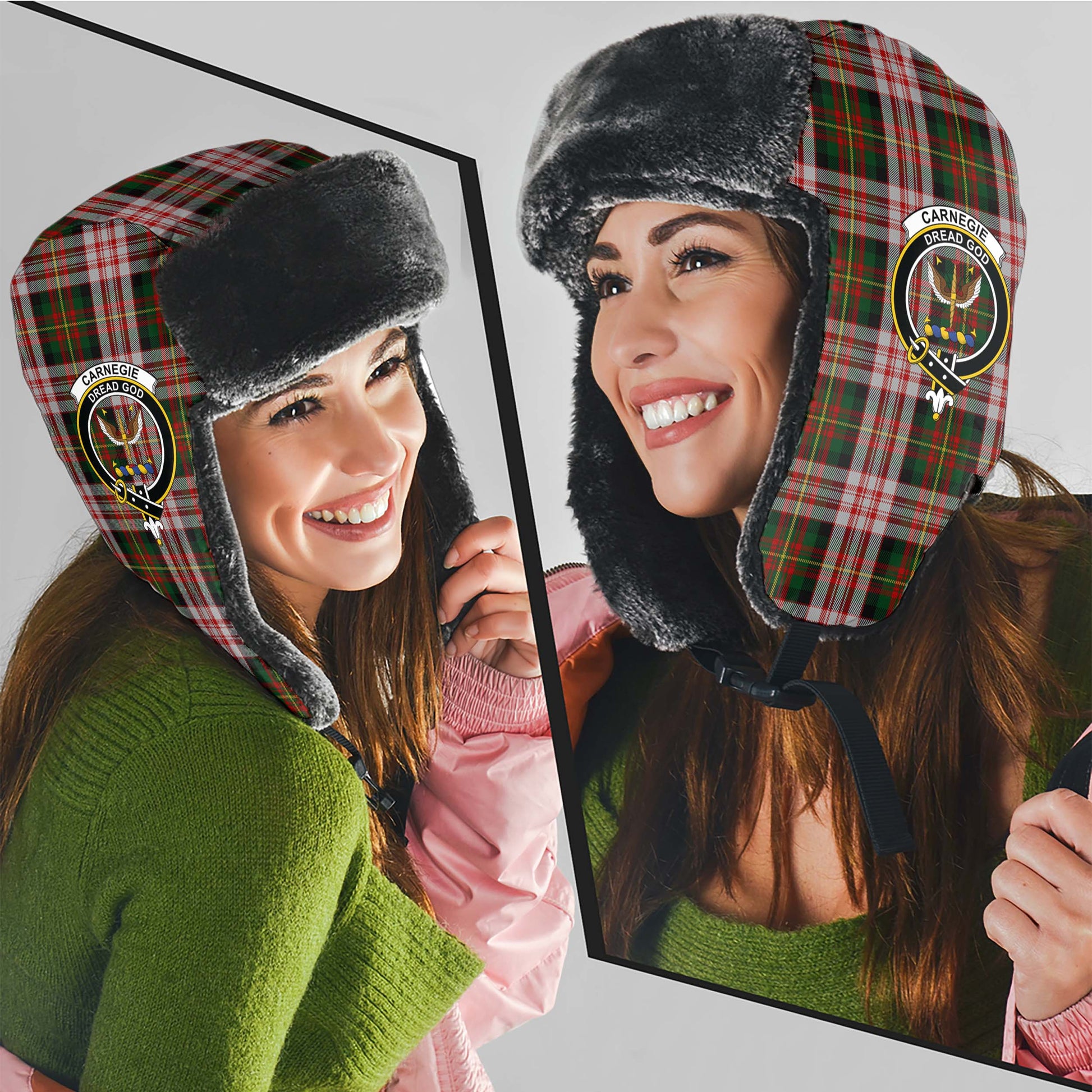 Carnegie Dress Tartan Winter Trapper Hat with Family Crest - Tartanvibesclothing