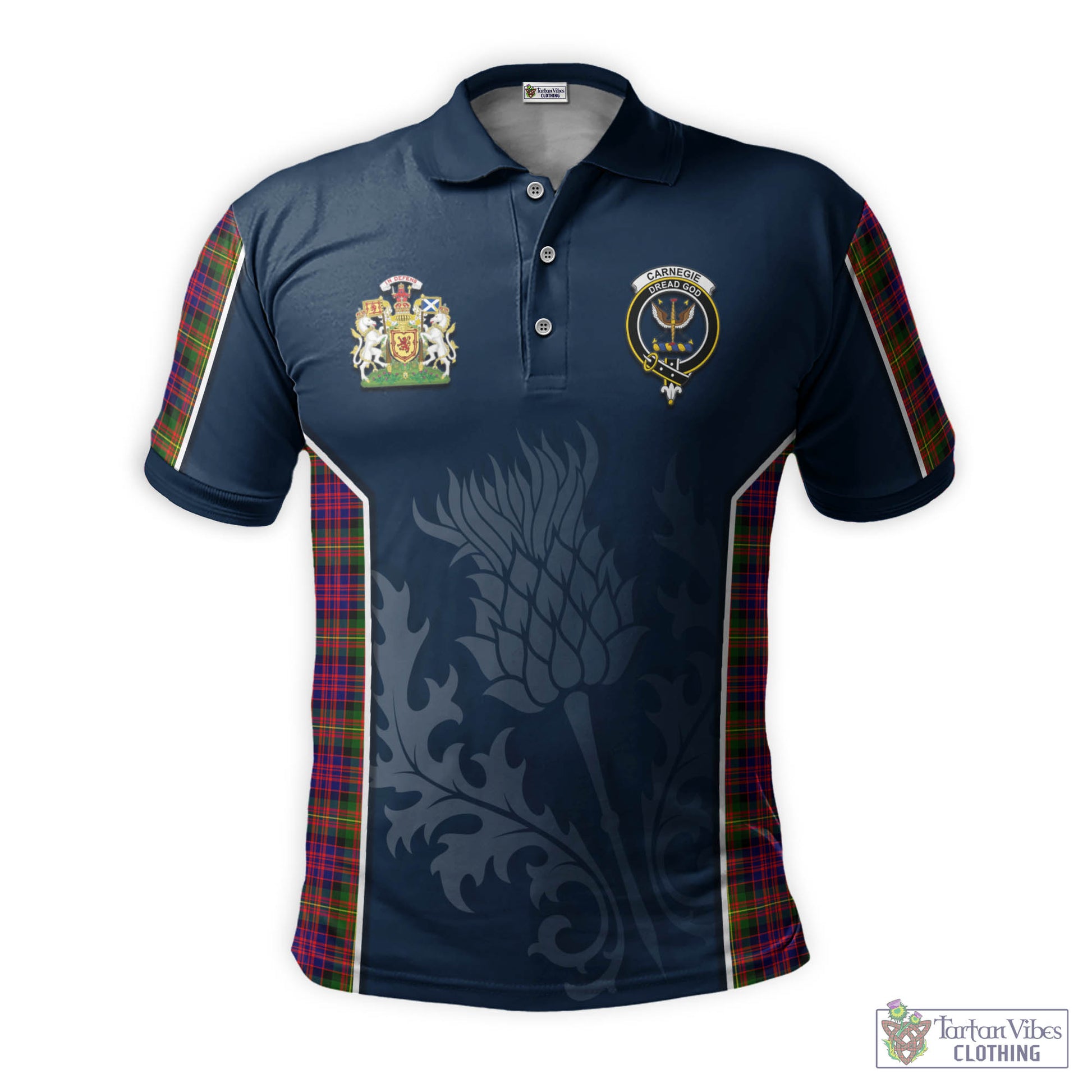 Tartan Vibes Clothing Carnegie Modern Tartan Men's Polo Shirt with Family Crest and Scottish Thistle Vibes Sport Style