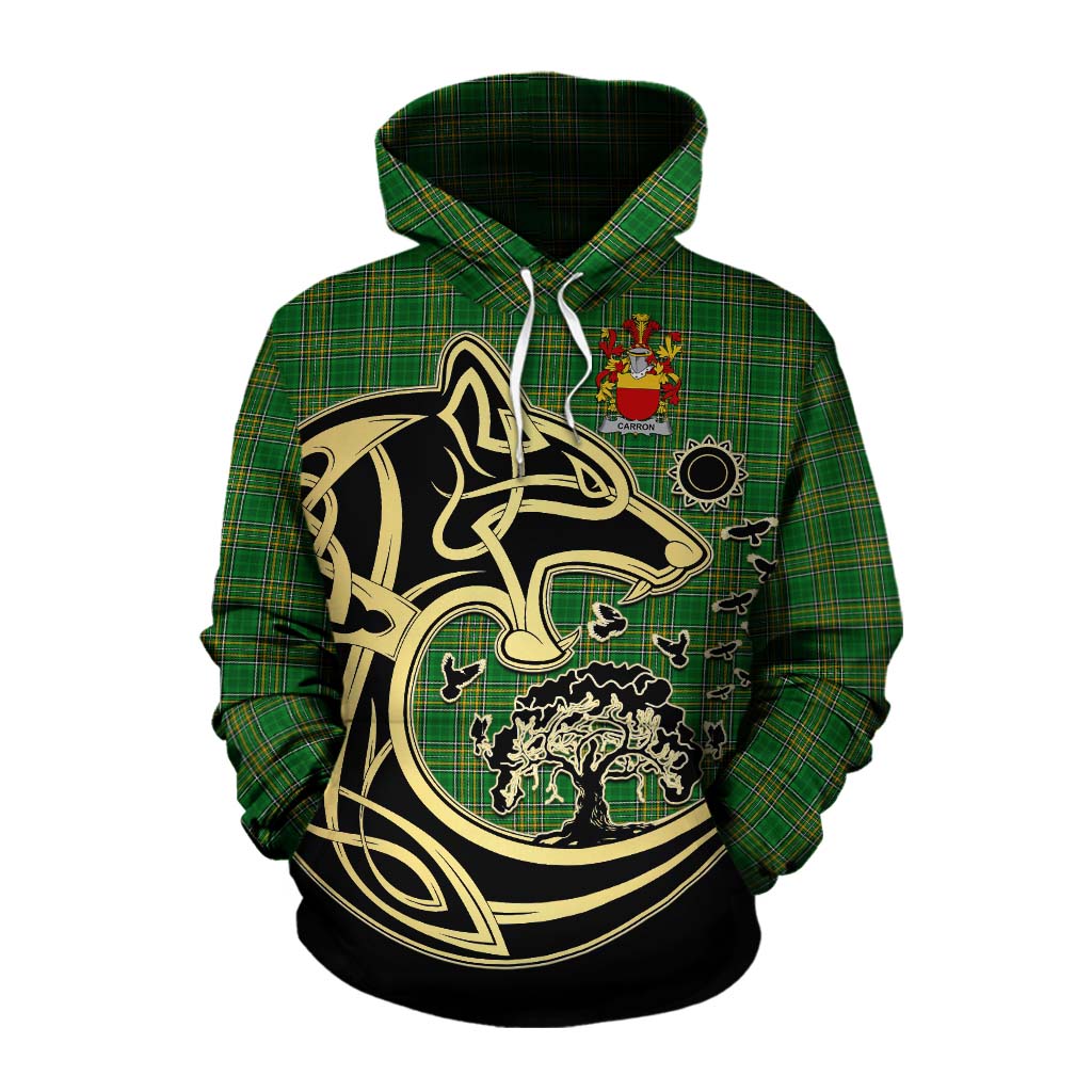 Tartan Vibes Clothing Carron Irish Tartan Cotton Hoodie with Coat of Arms Celtic Wolf Style