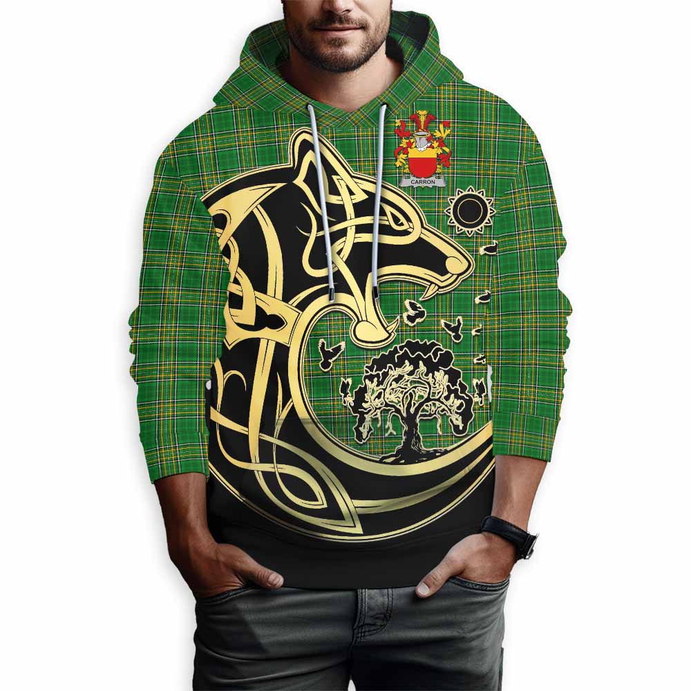 Tartan Vibes Clothing Carron Irish Tartan Hoodie with Coat of Arms Celtic Wolf Style