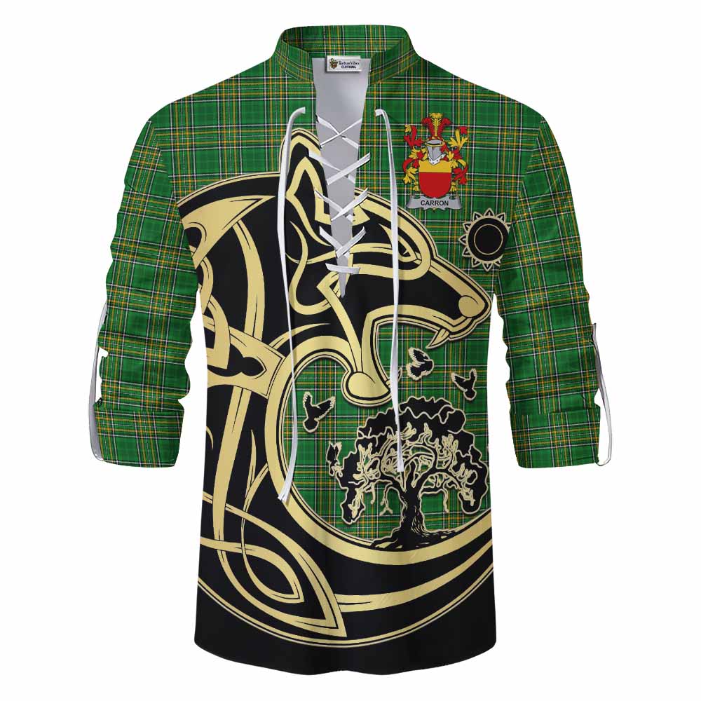 Tartan Vibes Clothing Carron Irish Tartan Ghillie Kilt Shirt with Coat of Arms Celtic Wolf Style