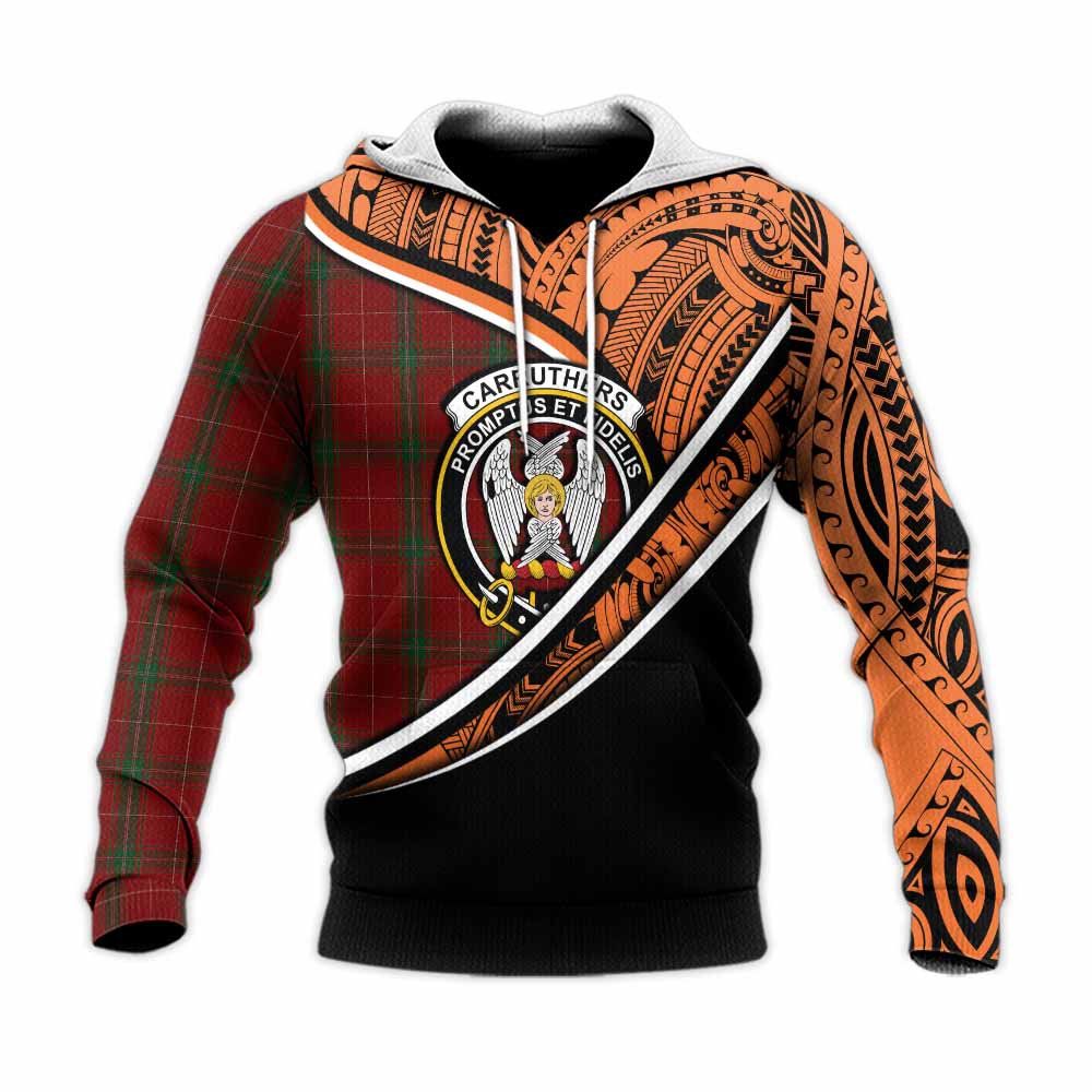 Tartan Vibes Clothing Carruthers Crest Tartan Knitted Hoodie with Maori Tattoo Style - Orange Version