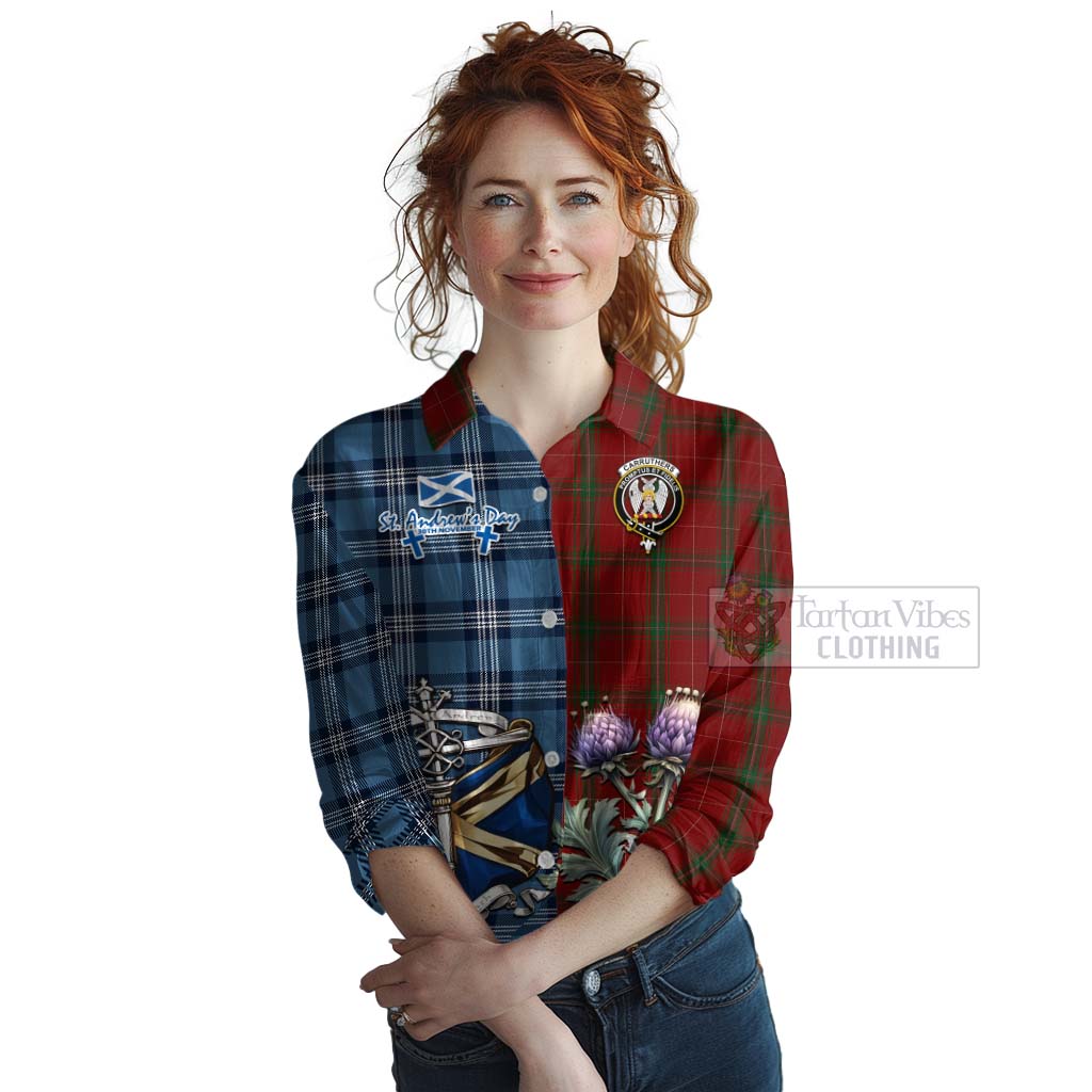 Tartan Vibes Clothing Carruthers Tartan Women's Casual Shirt Happy St. Andrew's Day Half Tartan Style