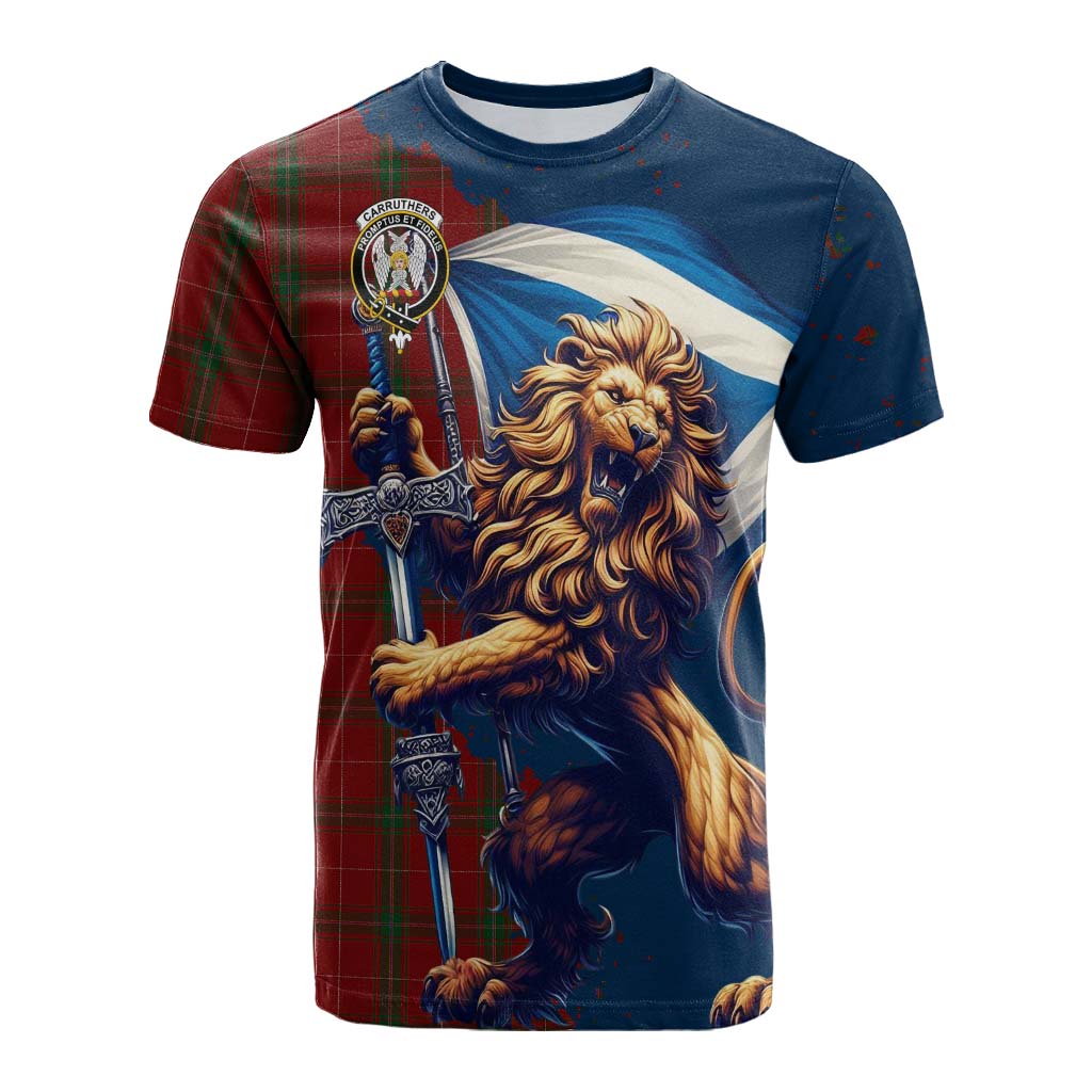 Tartan Vibes Clothing Carruthers Tartan Family Crest Cotton T-shirt with Scottish Majestic Lion