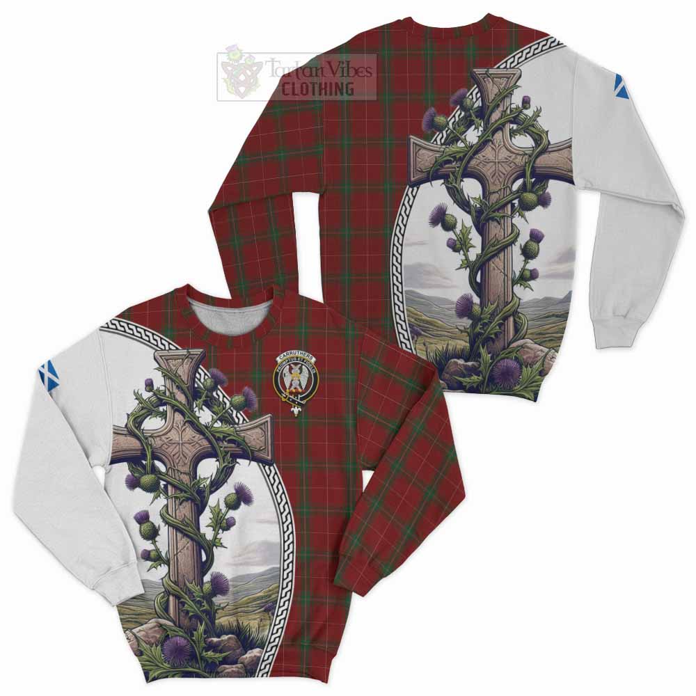 Tartan Vibes Clothing Carruthers Tartan Sweatshirt with Family Crest and St. Andrew's Cross Accented by Thistle Vines