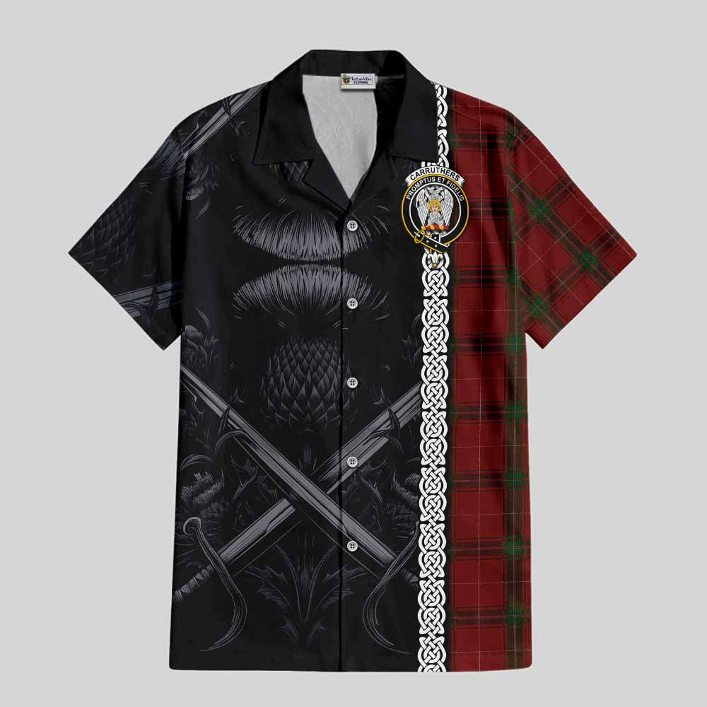 Tartan Vibes Clothing Carruthers Tartan Short Sleeve Button Shirt with Family Crest Cross Sword Thistle Celtic Vibes