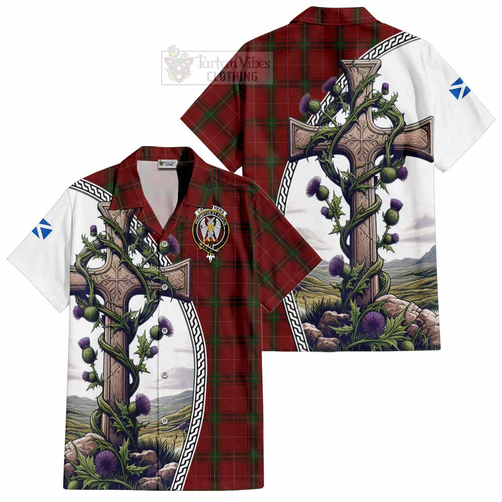 Tartan Vibes Clothing Carruthers Tartan Short Sleeve Button Shirt with Family Crest and St. Andrew's Cross Accented by Thistle Vines