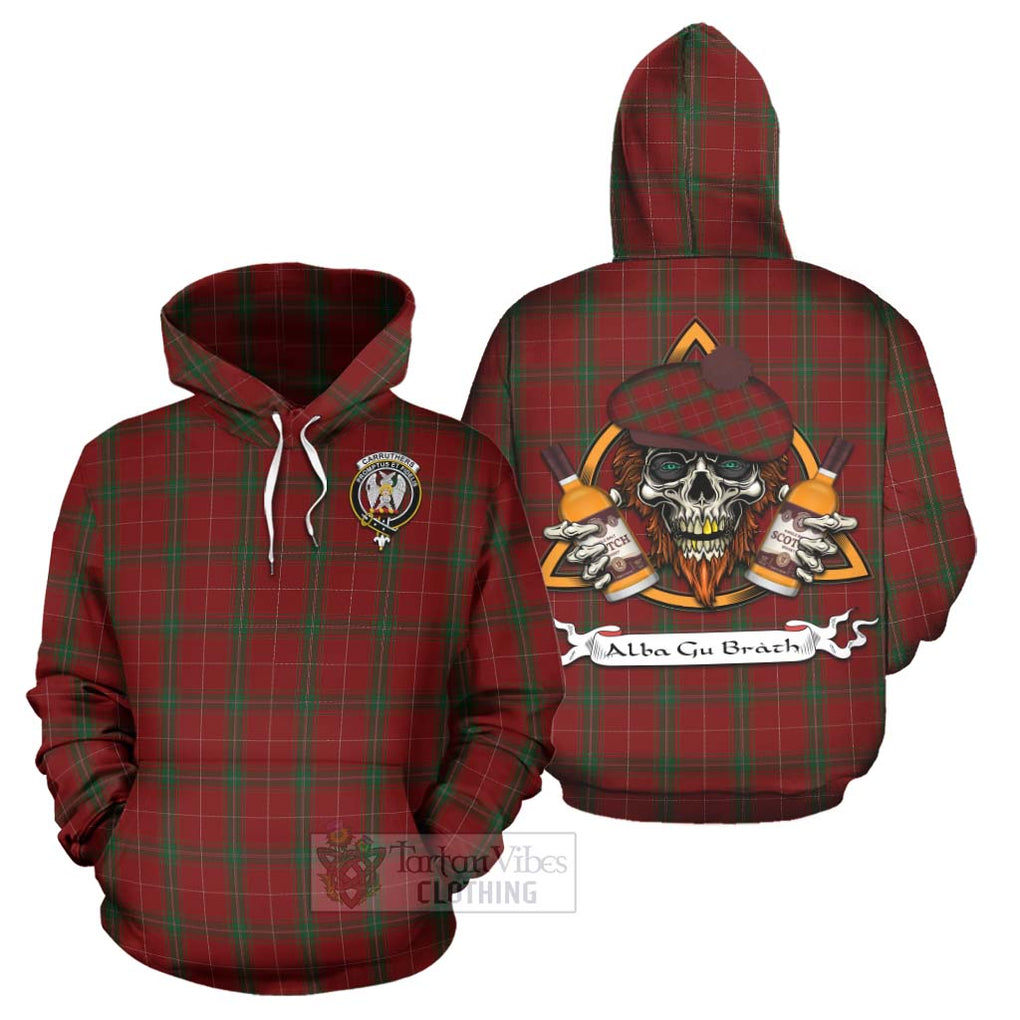 Tartan Vibes Clothing Carruthers Tartan Hoodie with Family Crest and Bearded Skull Holding Bottles of Whiskey