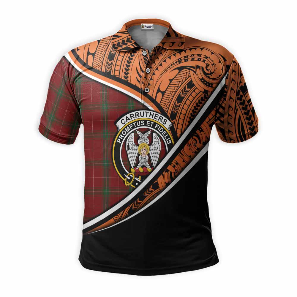 Tartan Vibes Clothing Carruthers Crest Tartan Polo Shirt with Maori Tattoo Style - Orange Version