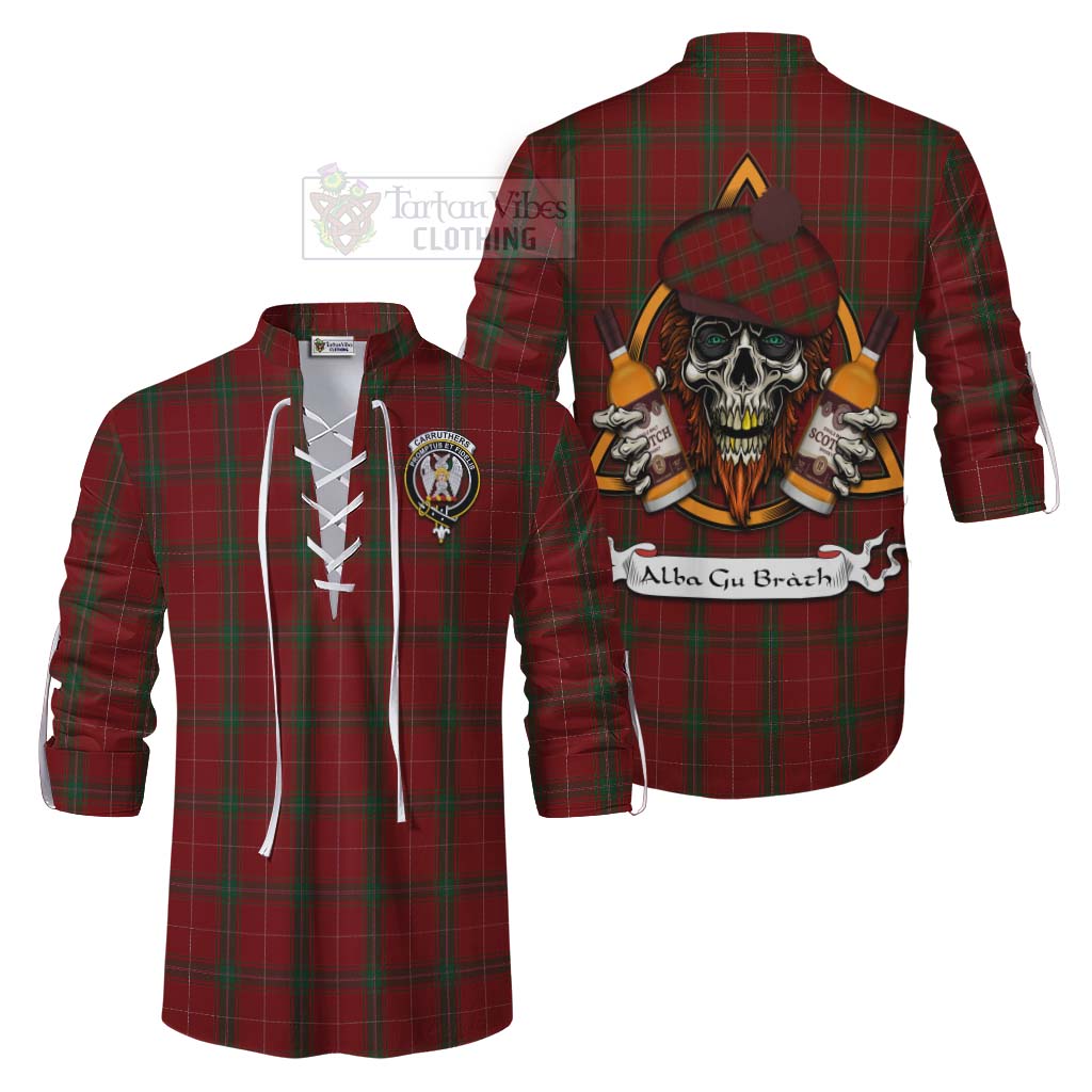 Tartan Vibes Clothing Carruthers Tartan Ghillie Kilt Shirt with Family Crest and Bearded Skull Holding Bottles of Whiskey