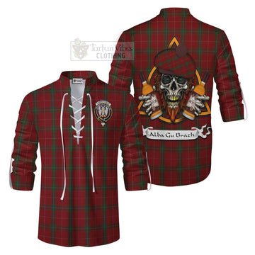 Carruthers Tartan Ghillie Kilt Shirt with Family Crest and Bearded Skull Holding Bottles of Whiskey