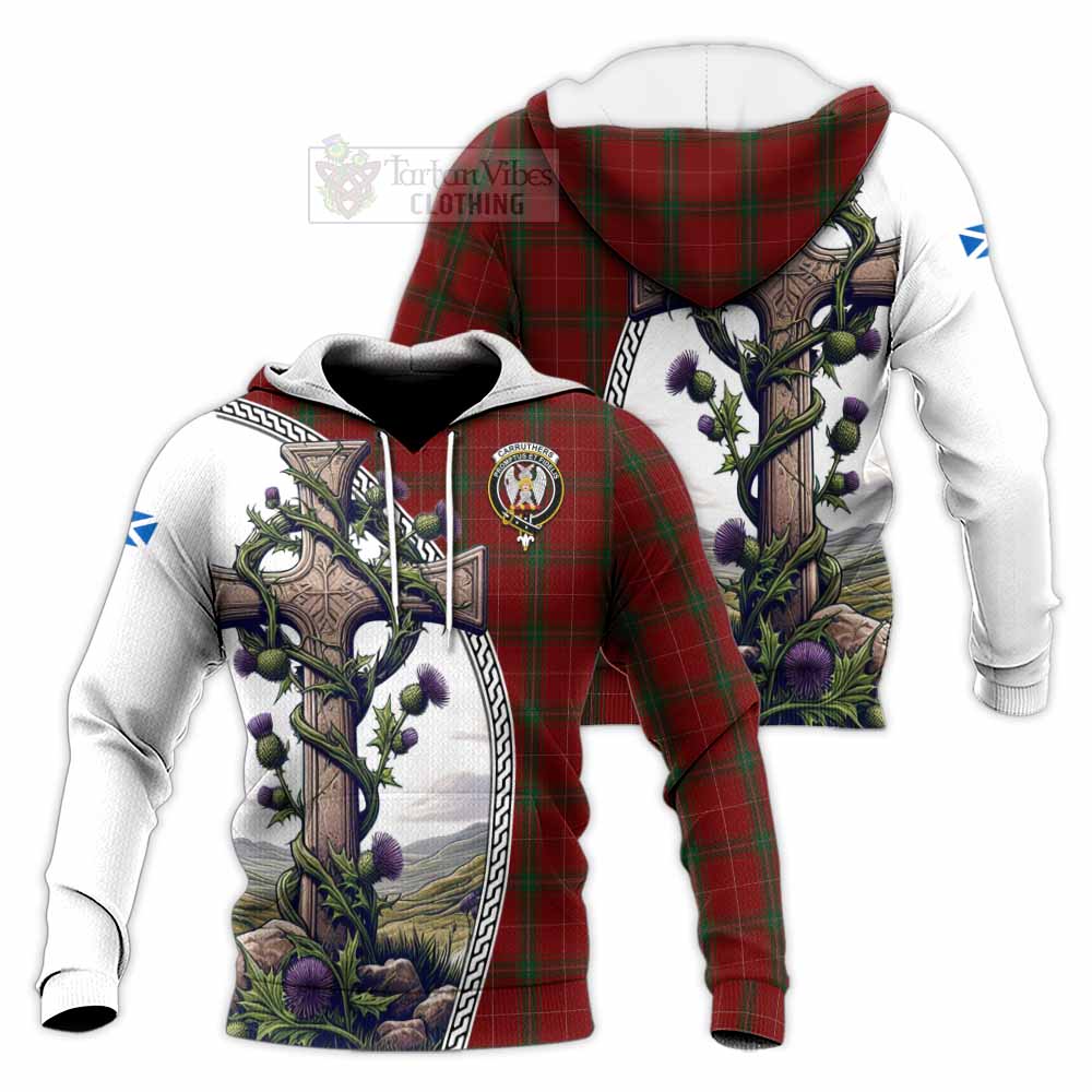 Tartan Vibes Clothing Carruthers Tartan Knitted Hoodie with Family Crest and St. Andrew's Cross Accented by Thistle Vines