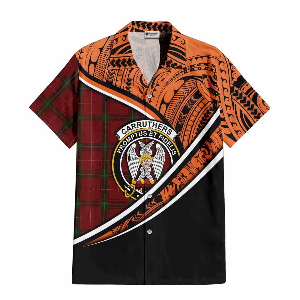 Tartan Vibes Clothing Carruthers Crest Tartan Short Sleeve Button Shirt with Maori Tattoo Style - Orange Version